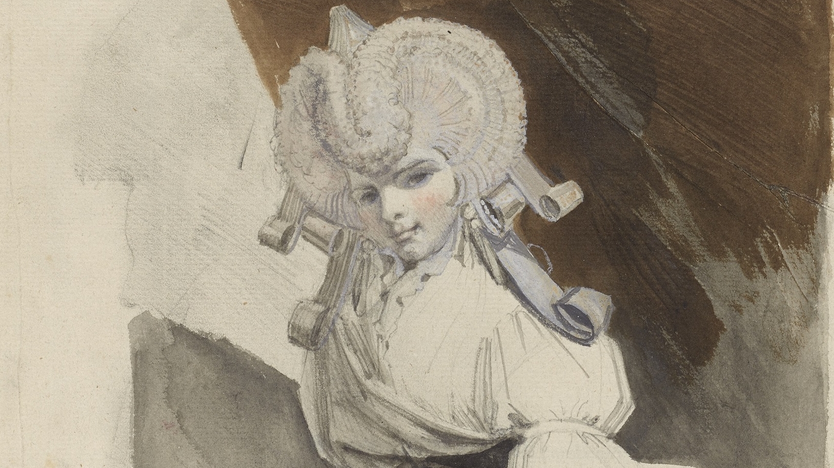 A portrait of Sophia Fuseli, her Hair in Large Rolls, with Pink Gloves, in front of a Brown Curtain